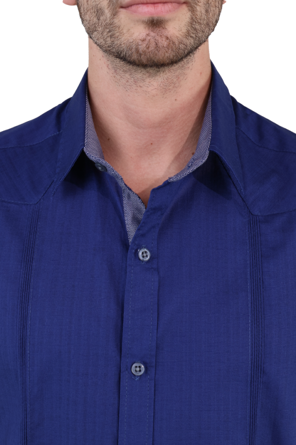 Guayabera Azul Marino De Algodón Manga Corta Con Alforzas Para Hombre
